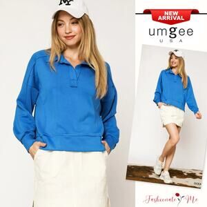 Umgee Collared Neck Long Sleeves Raw Hem Details Side Slit Sweatshirt | Ocean